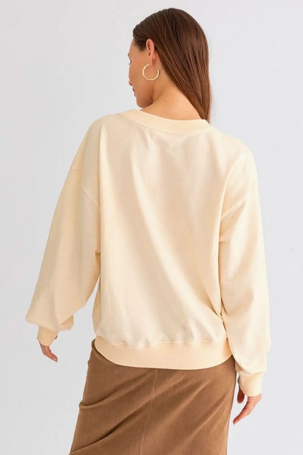 Apricot THANKS Chenille Embroidered Drop Shoulder Graphic Sweatshirt - Love Salve 