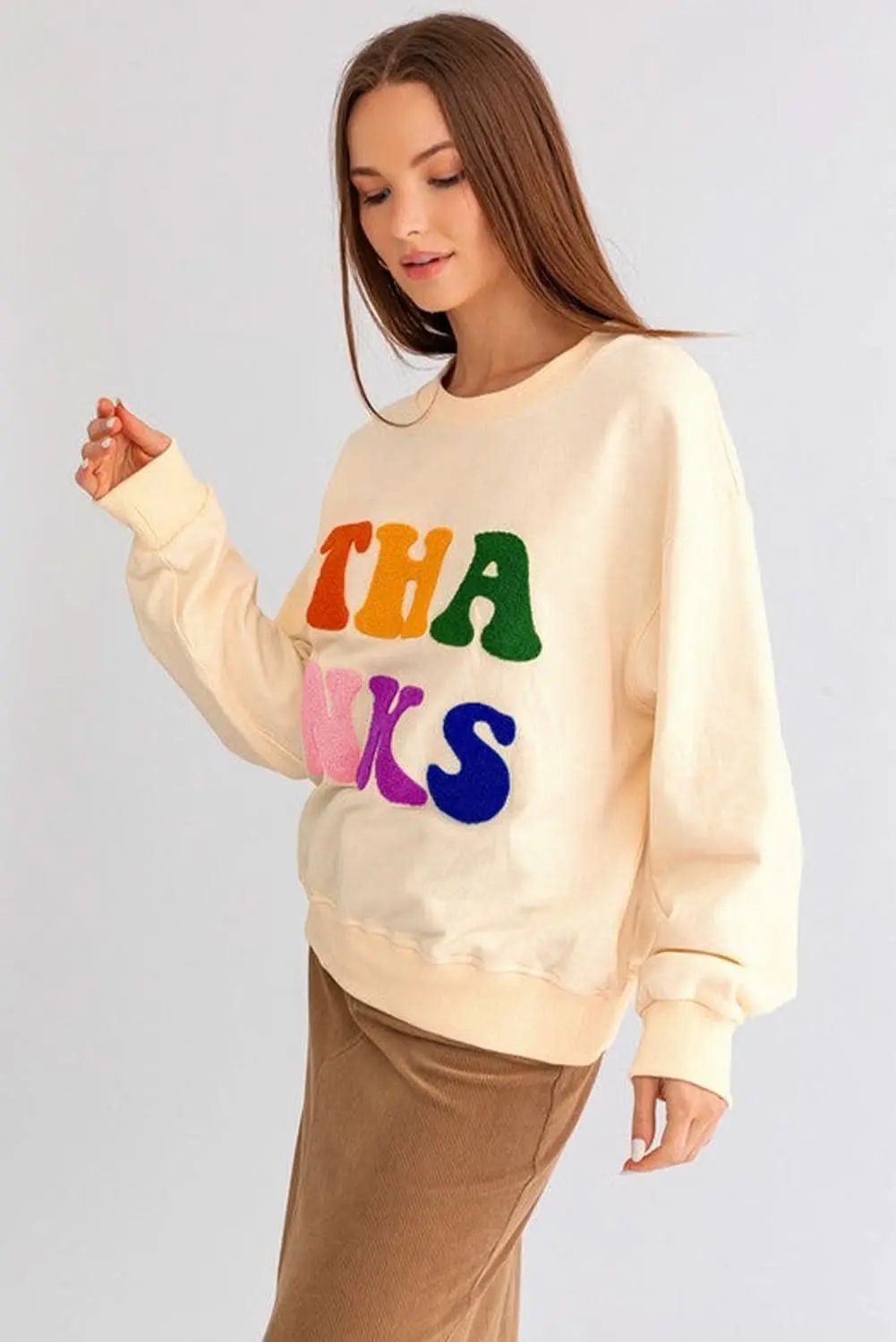 Apricot THANKS Chenille Embroidered Drop Shoulder Graphic Sweatshirt - Love Salve 