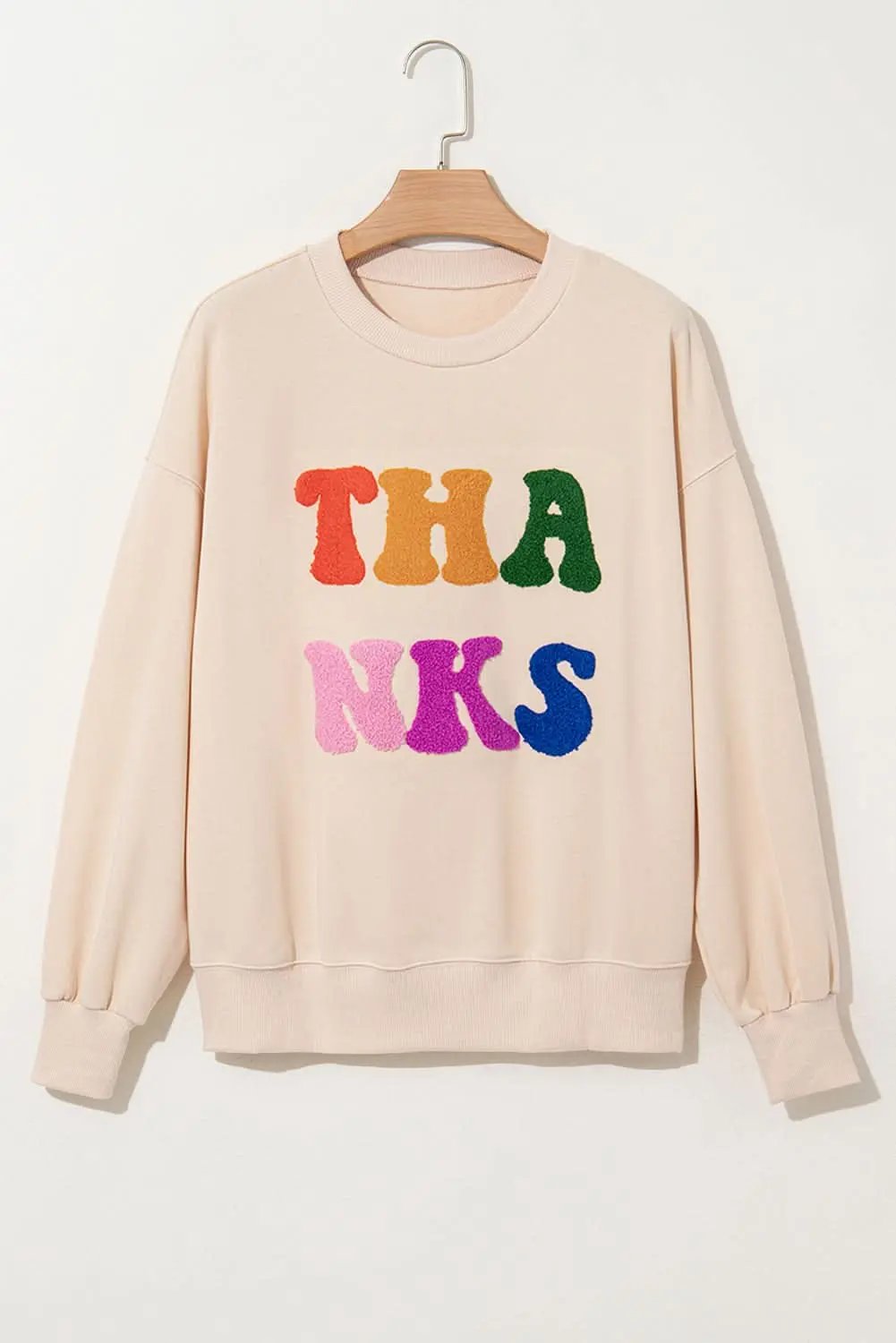 Apricot THANKS Chenille Embroidered Drop Shoulder Graphic Sweatshirt - Love Salve 