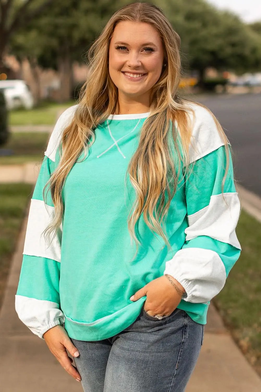 Aruba blue patchwork plus sweatshirt - Love Salve 