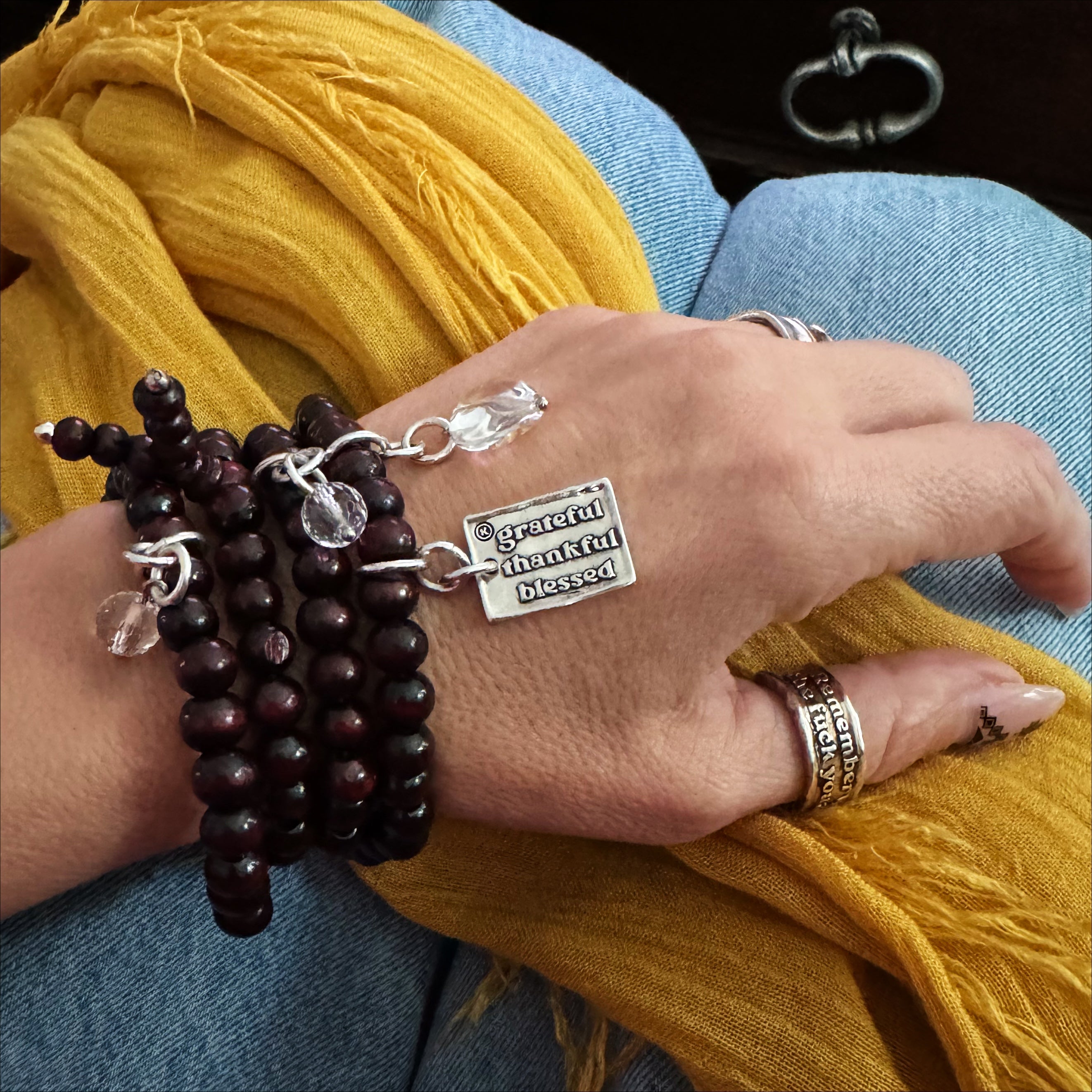 Grateful Thankful Blessed Heart Wood Boho Wrap Bracelet/Necklace Katia Designs