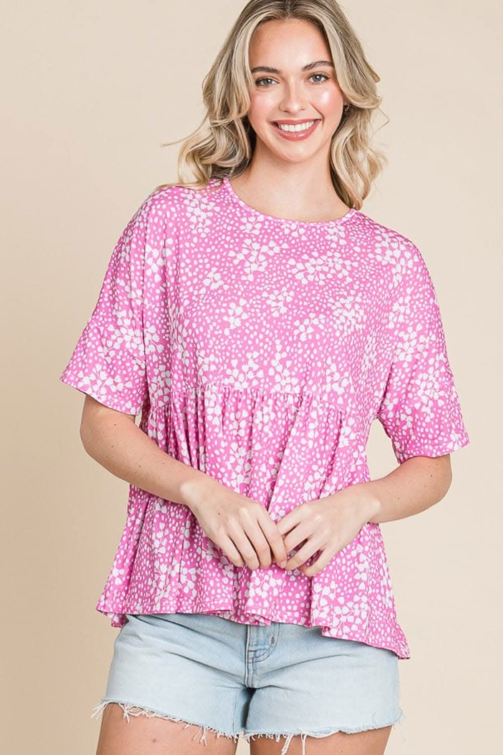 BOMBOM Floral Round Neck Peplum Blouse - Love Salve 