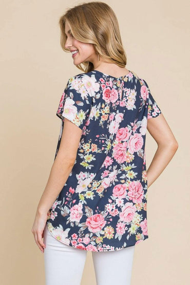 BOMBOM Floral Round Neck Short Sleeve T-Shirt 
