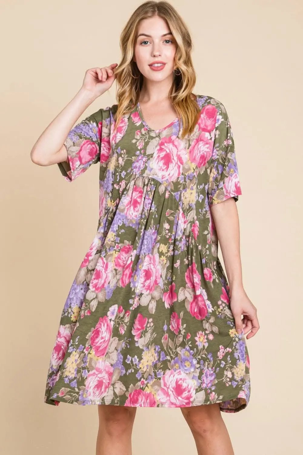 BOMBOM Flower Print V-Neck Ruched Dress for Effortless Elegance - Love Salve 