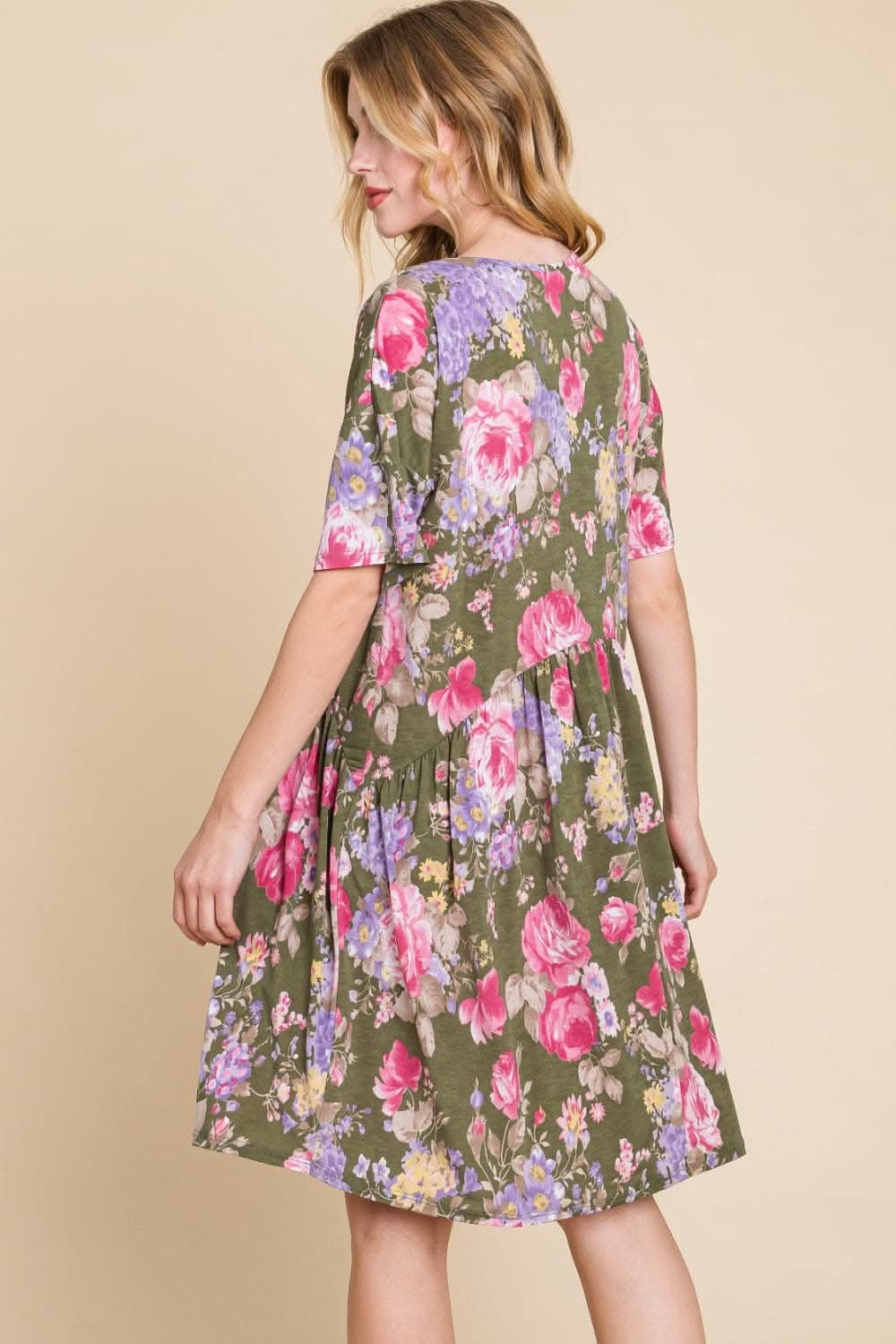 BOMBOM Flower Print V-Neck Ruched Dress for Effortless Elegance - Love Salve 