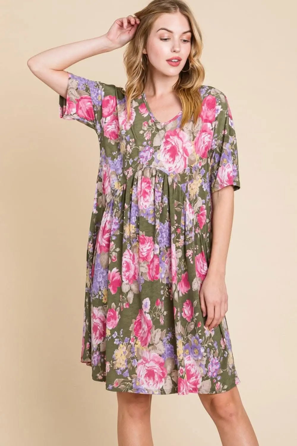 BOMBOM Flower Print V-Neck Ruched Dress for Effortless Elegance - Love Salve 