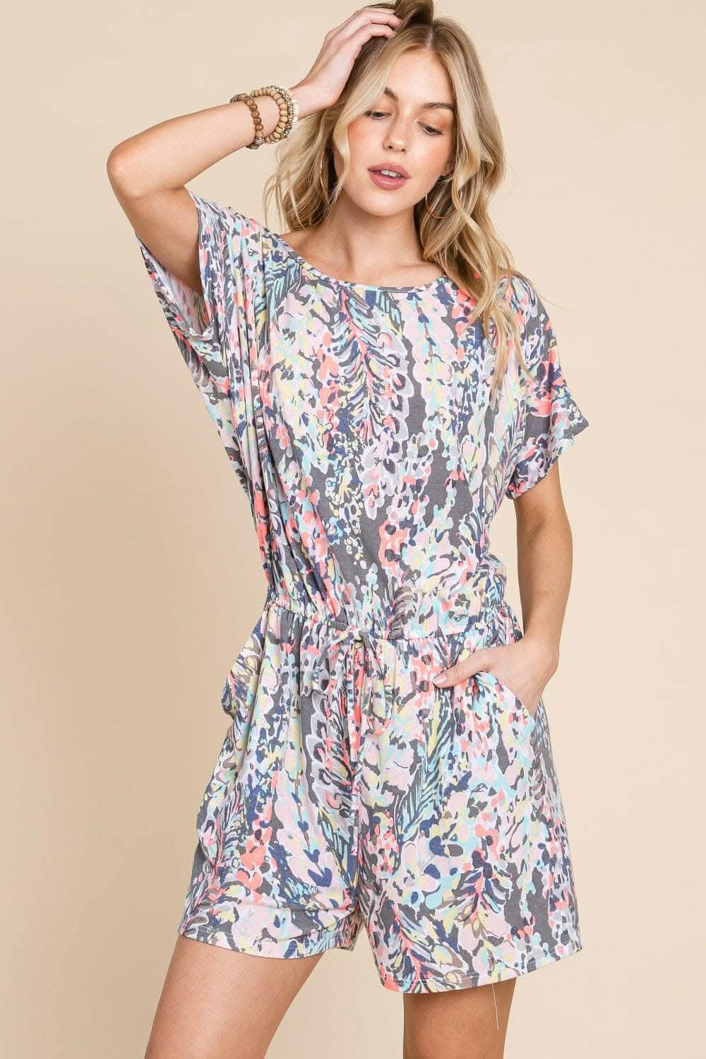 BOMBOM Playful Print Drawstring Romper 