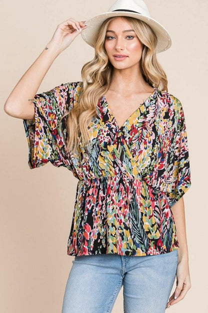 BOMBOM Printed Surplice Peplum Blouse - Love Salve 