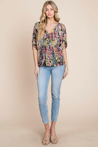 BOMBOM Printed Surplice Peplum Blouse - Love Salve 