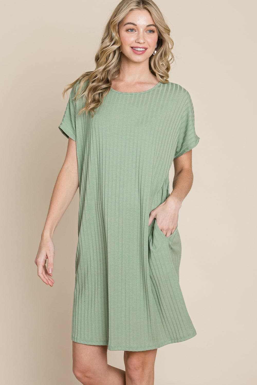 BOMBOM Ribbed Round Neck Short Sleeve Dress 