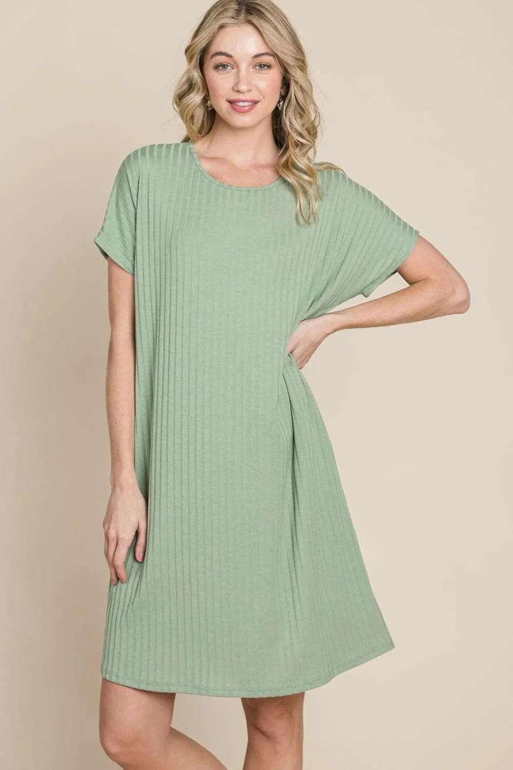 BOMBOM Ribbed Round Neck Short Sleeve Dress - Love Salve 