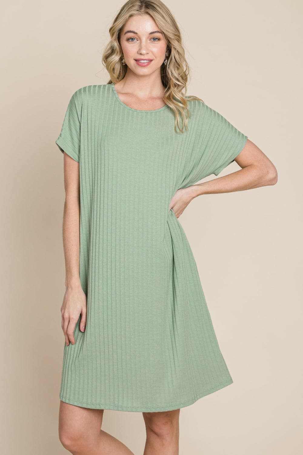 BOMBOM Ribbed Round Neck Short Sleeve Dress 