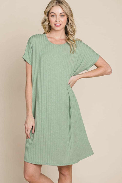 BOMBOM Ribbed Round Neck Short Sleeve Dress 