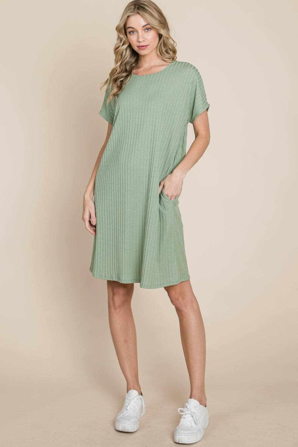 BOMBOM Ribbed Round Neck Short Sleeve Dress 