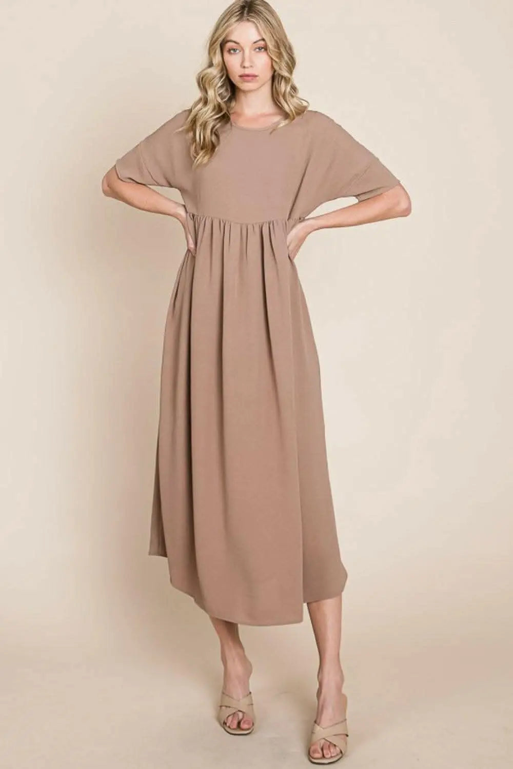 BOMBOM Round Neck Ruched Midi Dress - Love Salve 