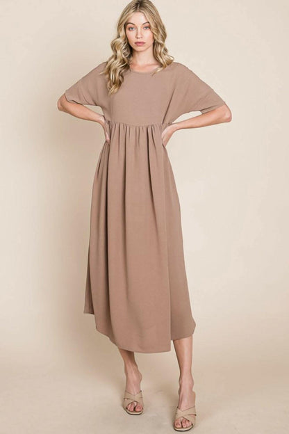 BOMBOM Round Neck Ruched Midi Dress - Love Salve 