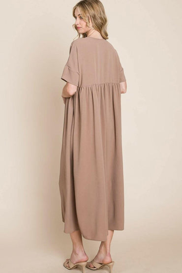 BOMBOM Round Neck Ruched Midi Dress 