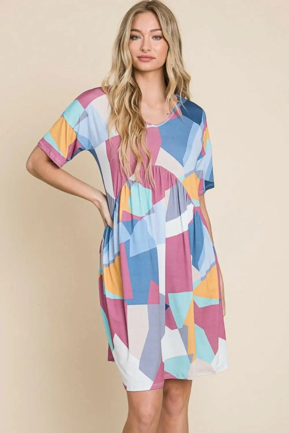BOMBOM Ruched Color Block Short Sleeve Dress - Love Salve 