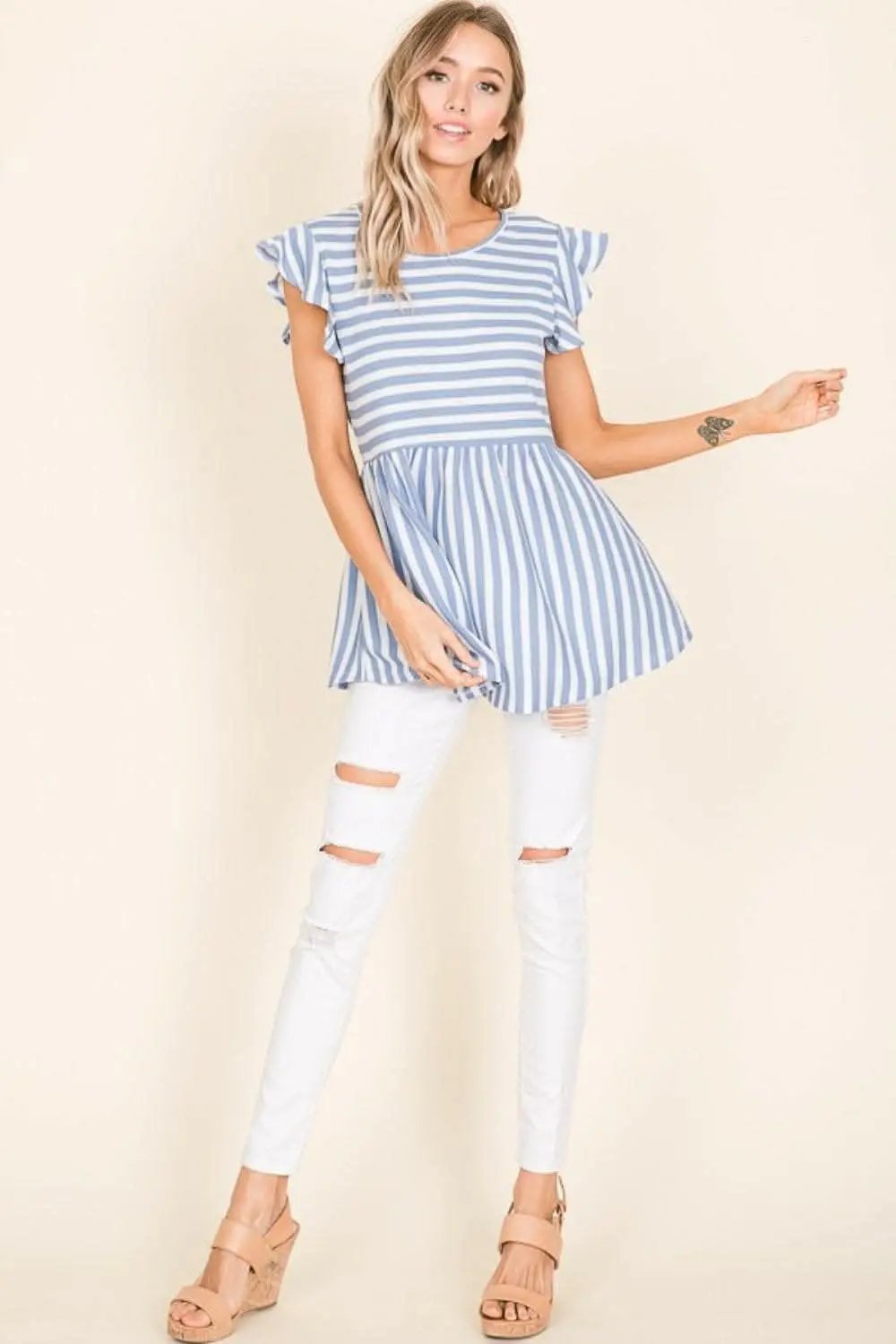 BOMBOM Striped Round Neck Blouse - Love Salve 