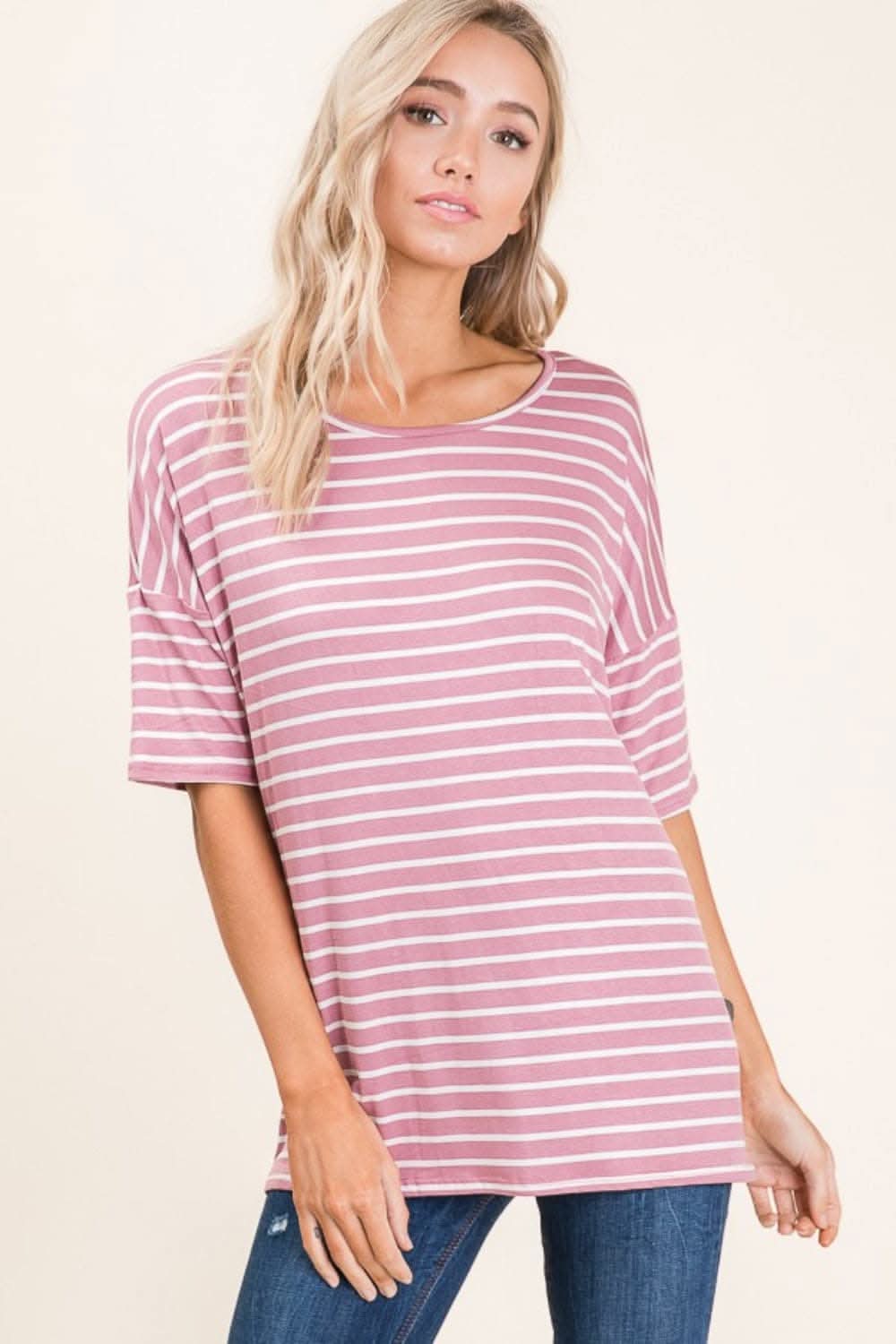 BOMBOM Striped Round Neck Half Sleeve T-Shirt - Love Salve 