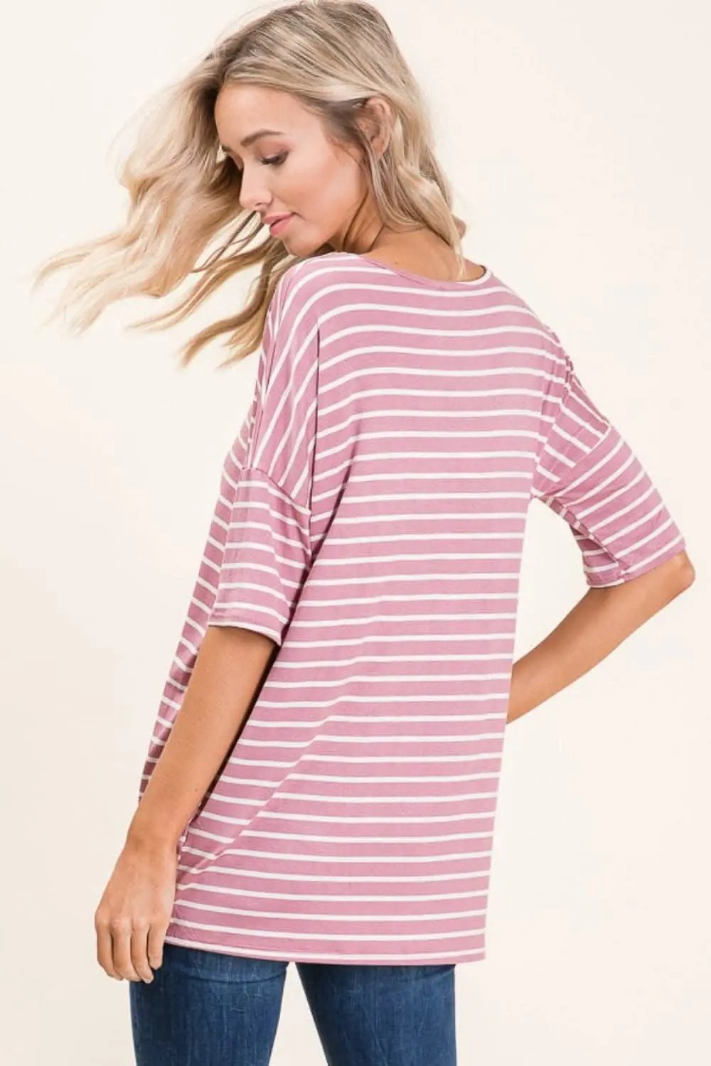 BOMBOM Striped Round Neck Half Sleeve T-Shirt - Love Salve 