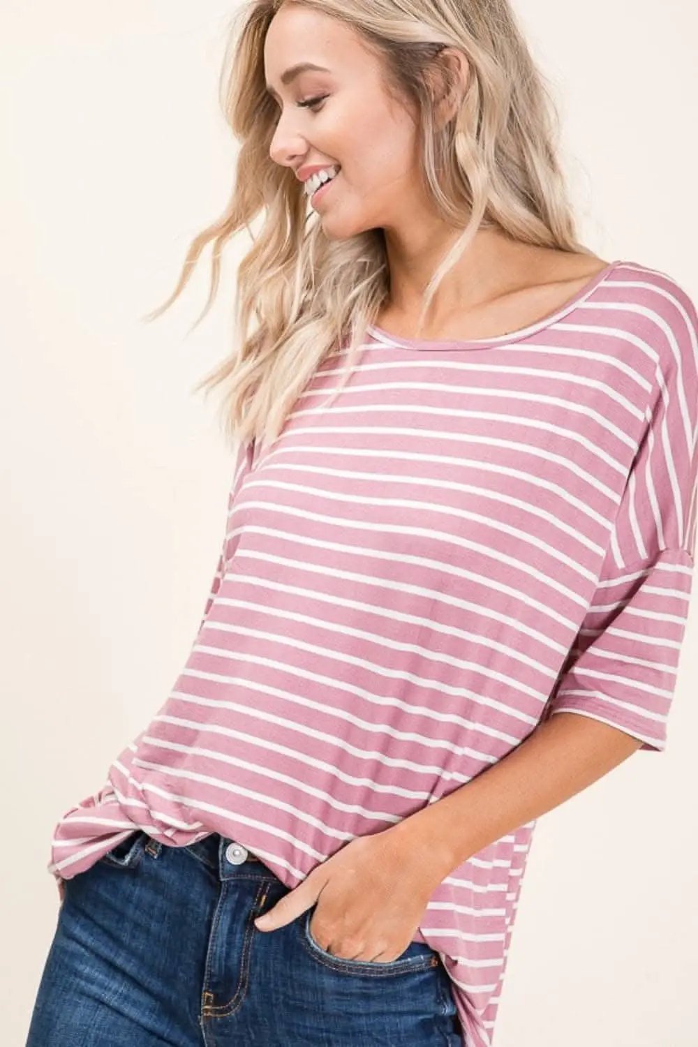 BOMBOM Striped Round Neck Half Sleeve T-Shirt - Love Salve 