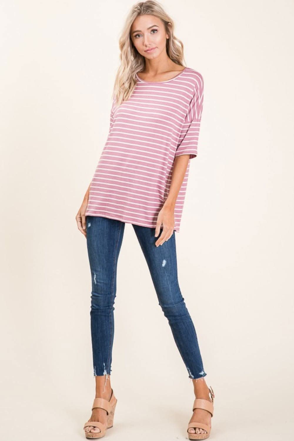 BOMBOM Striped Round Neck Half Sleeve T-Shirt - Love Salve 