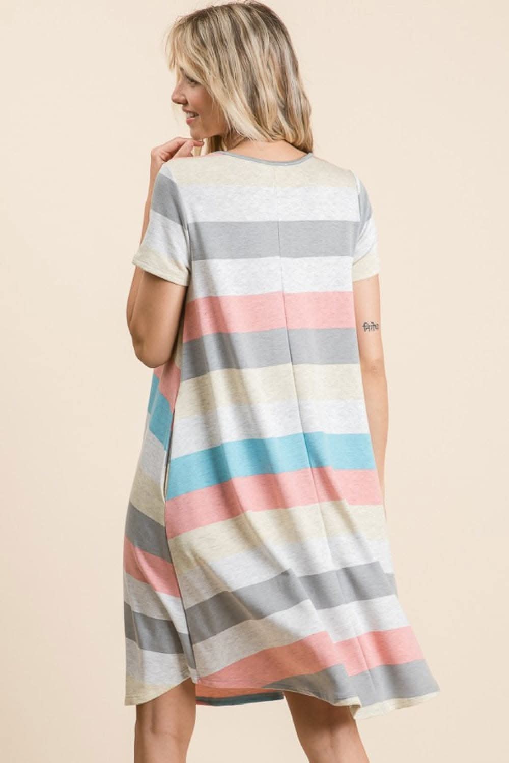 BOMBOM Striped Short Sleeve Dress with Pockets for All-Day Style - Love Salve 