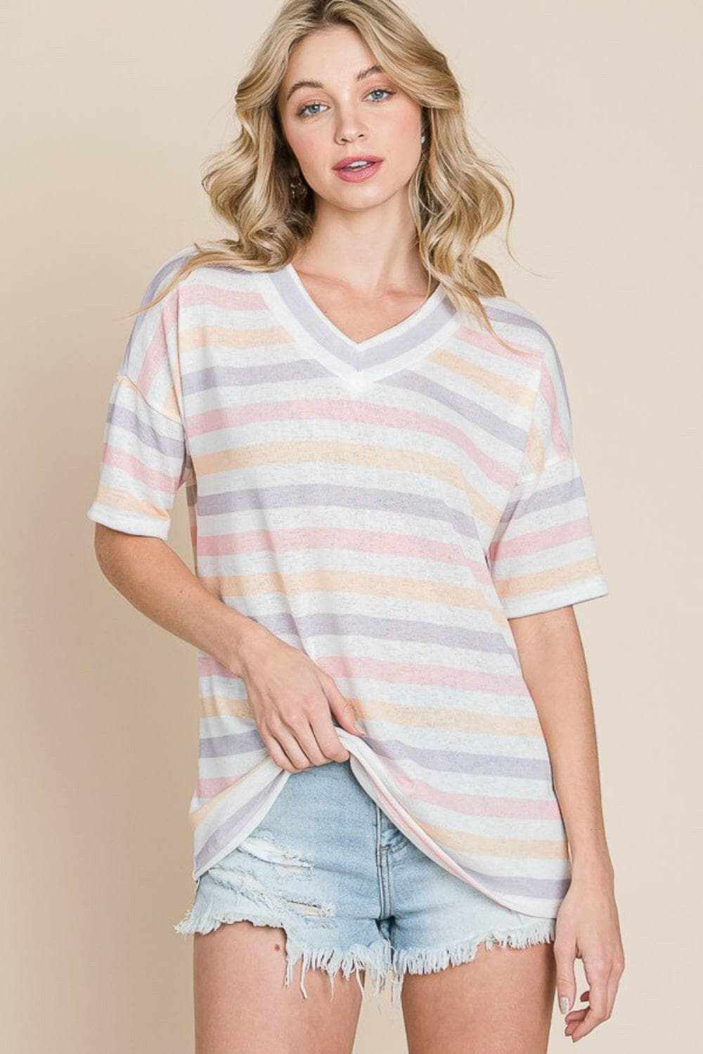 BOMBOM striped v-neck tee 