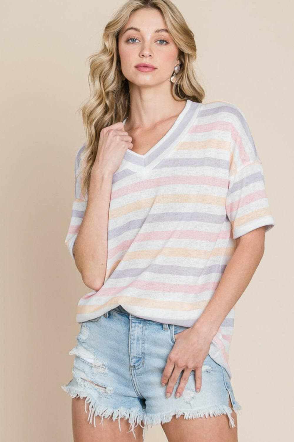 BOMBOM striped v-neck tee 