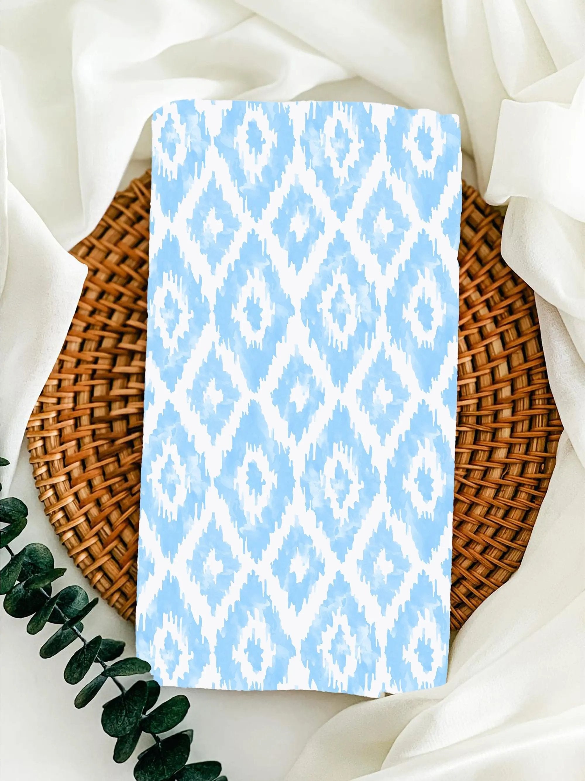 Designer Tea Towel Watercolor Ikat Diamonds Light Blue Katherine Way