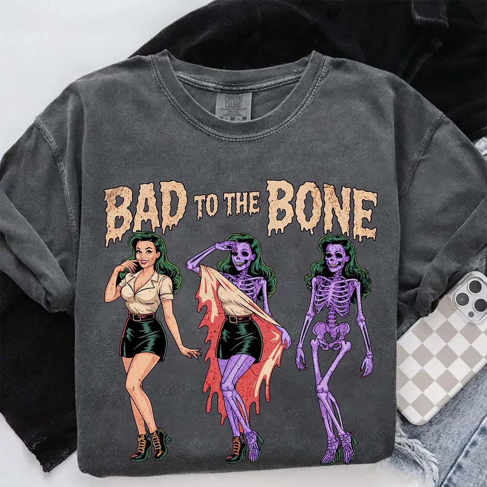 Bad To The Bone Skeleton Halloween Girl Vintage Shirt