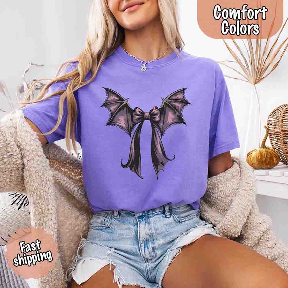 Bat Bow Comfort Colors Shirt – Trendy Halloween Tee Adorb Custom Tees