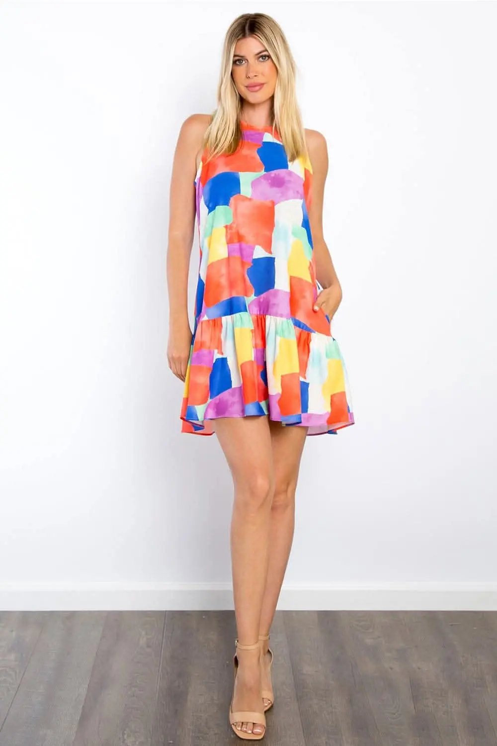Be Stage Abstract Print Ruffle Hem Mini Dress with Pockets - Love Salve 