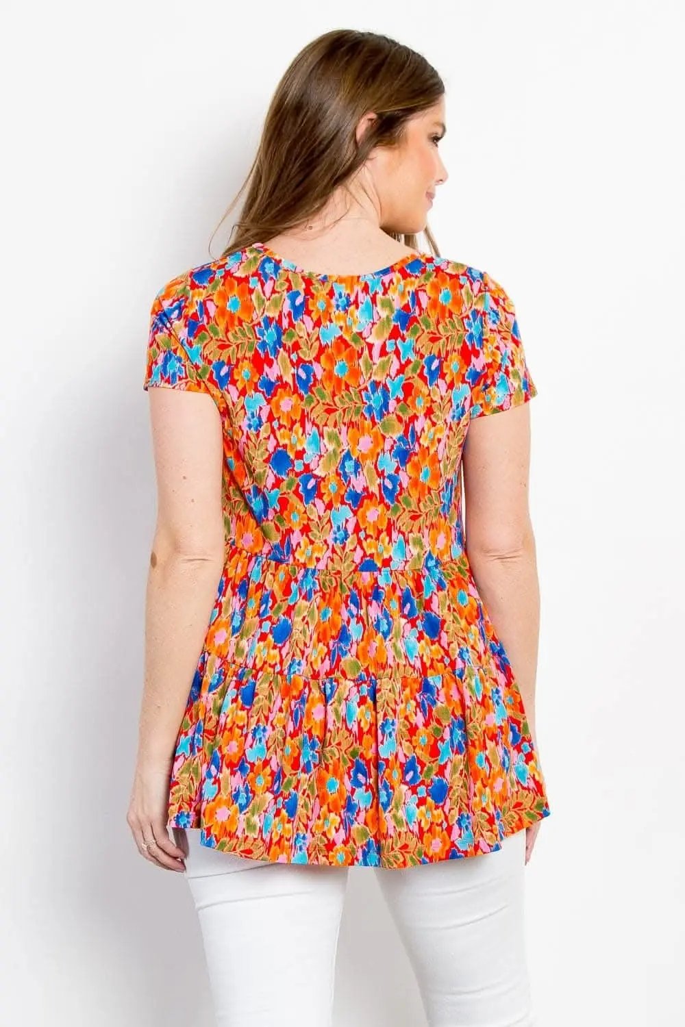 Be Stage Full Size Floral Short Sleeve Babydoll Top - Love Salve 