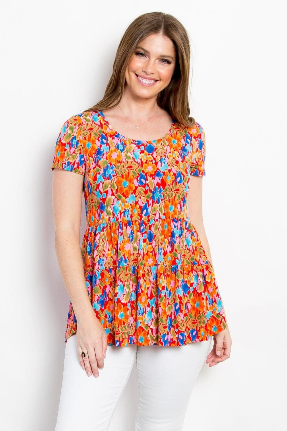 Be Stage Full Size Floral Short Sleeve Babydoll Top - Love Salve 