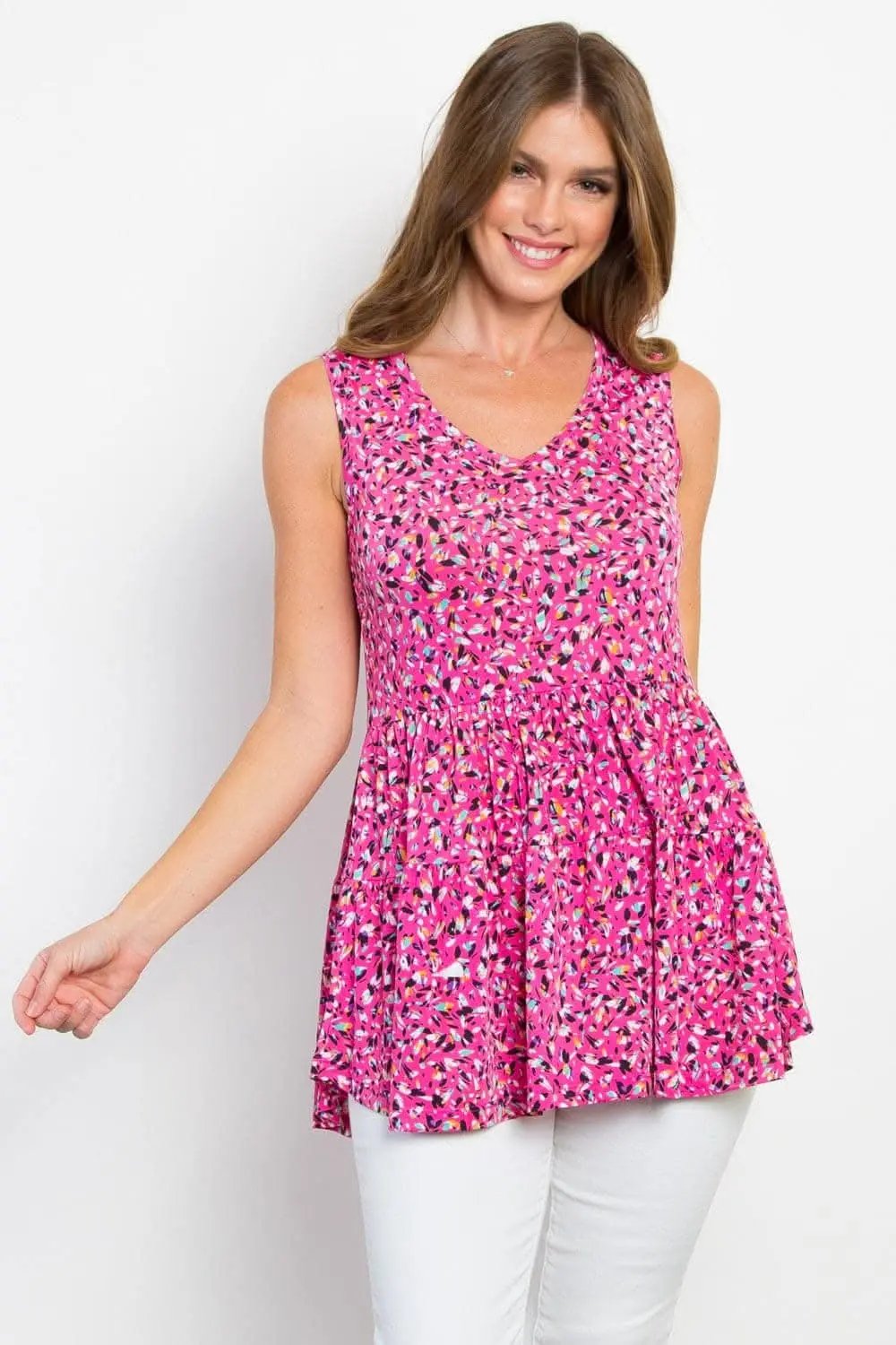 Be Stage Full Size Printed Tiered Sleeveless Top - Love Salve 