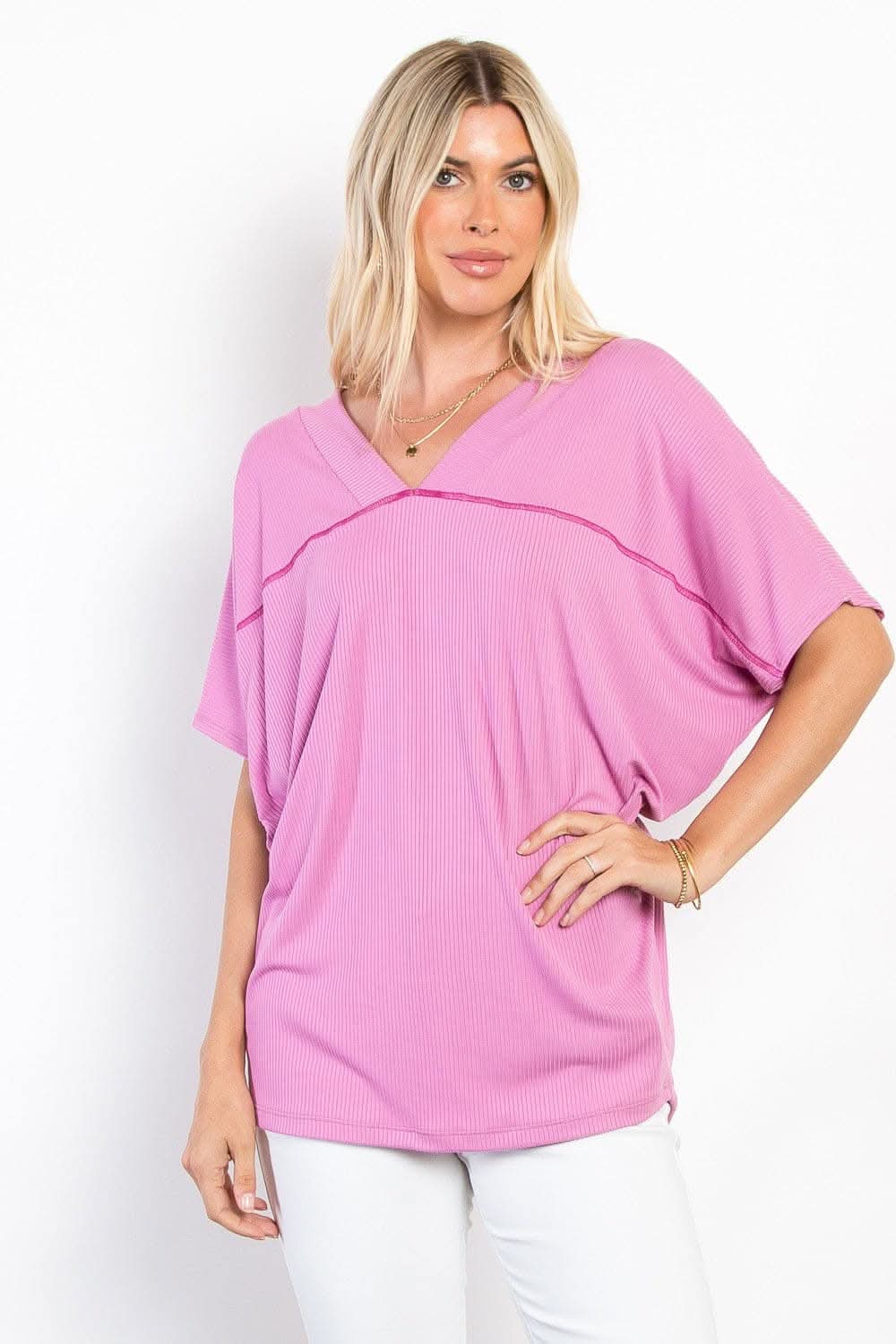 Be Stage Full Size V-Neck Short Sleeve Ribbed Top 