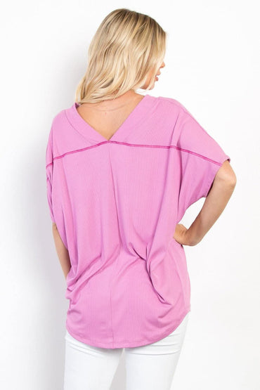 Be Stage Full Size V-Neck Short Sleeve Ribbed Top - Love Salve 