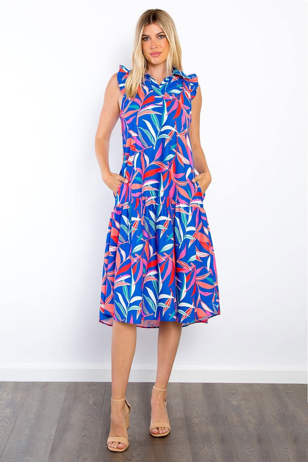 Be Stage Print Ruffled Midi Dress with Pockets Chic Style - Love Salve 