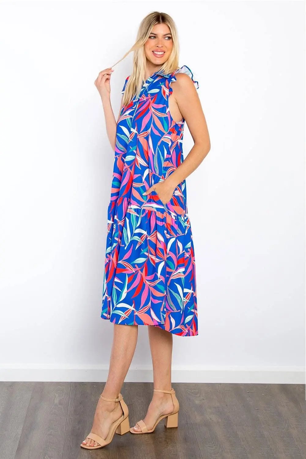 Be Stage Print Ruffled Midi Dress with Pockets Chic Style - Love Salve 