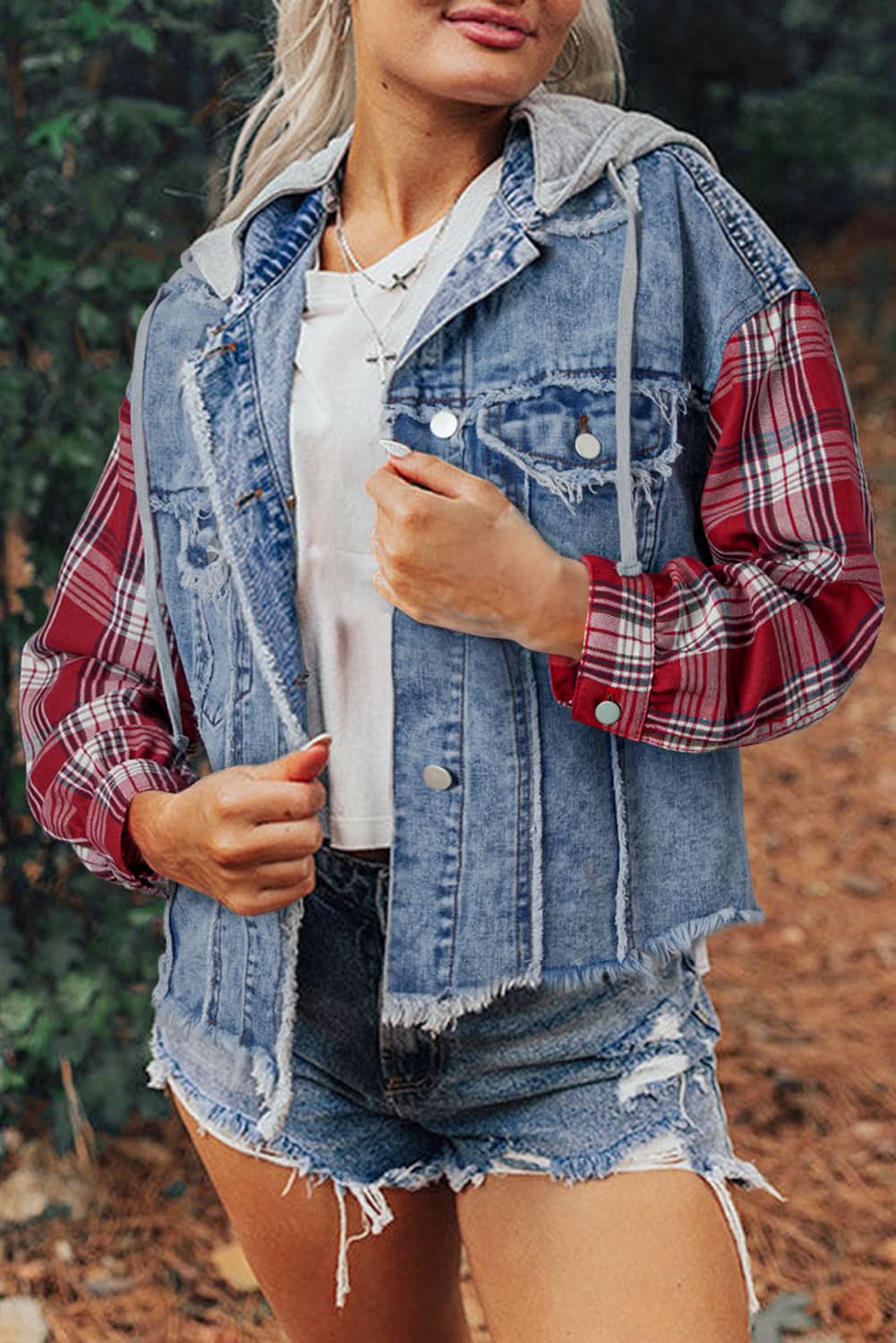 Beau Blue Plaid Print Patchwork Hooded Raw Hem Denim Jacket 