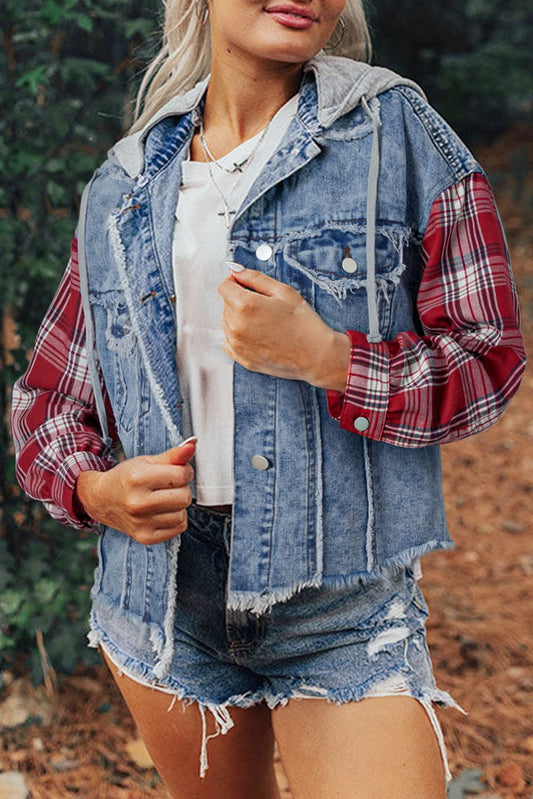 Beau Blue Plaid Print Patchwork Hooded Raw Hem Denim Jacket - Love Salve 