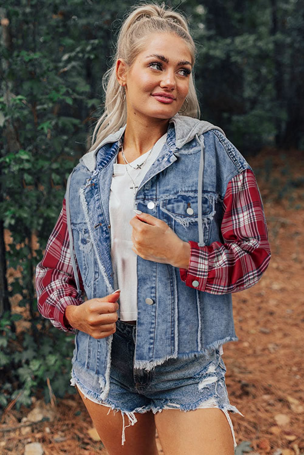 Beau Blue Plaid Print Patchwork Hooded Raw Hem Denim Jacket 