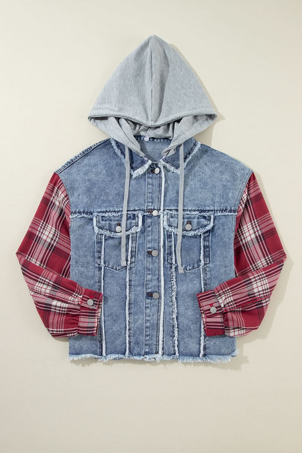Beau Blue Plaid Print Patchwork Hooded Raw Hem Denim Jacket 