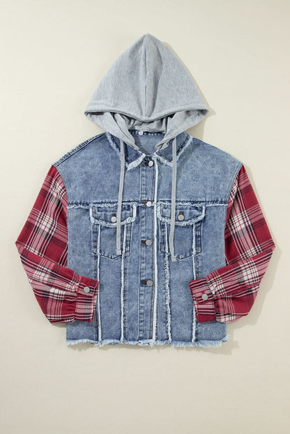Beau Blue Plaid Print Patchwork Hooded Raw Hem Denim Jacket 