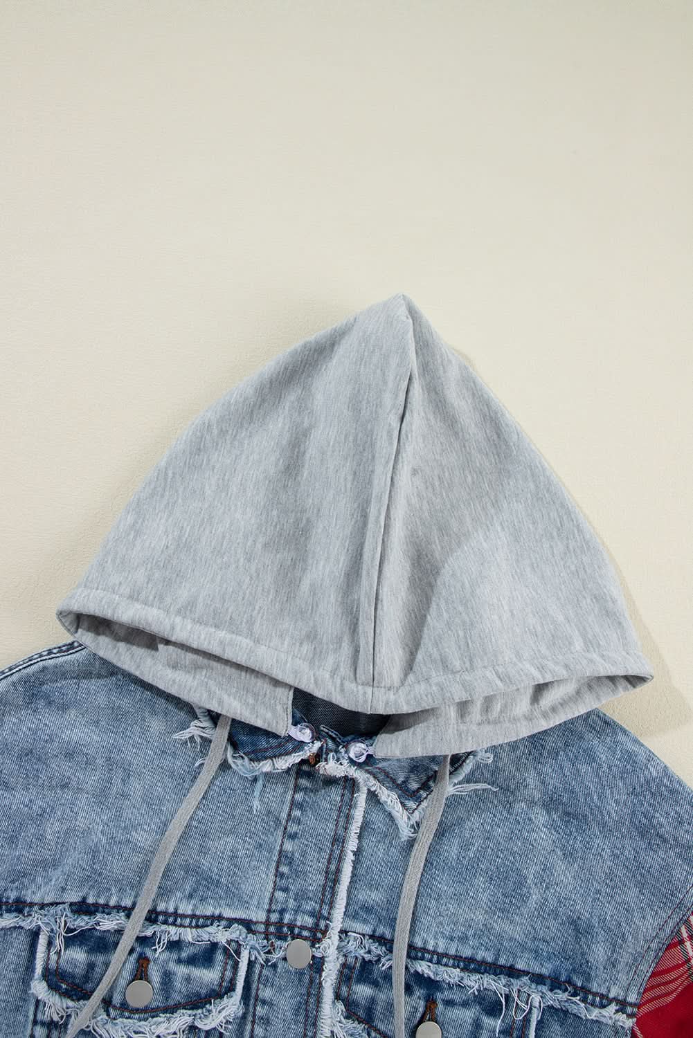 Beau Blue Plaid Print Patchwork Hooded Raw Hem Denim Jacket 