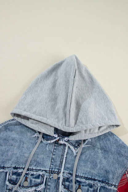 Beau Blue Plaid Print Patchwork Hooded Raw Hem Denim Jacket 
