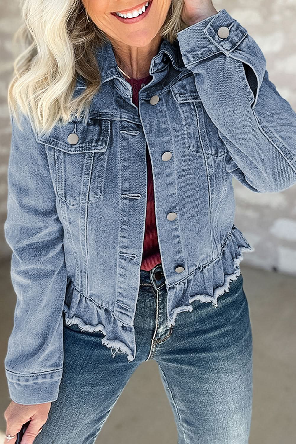Beau Blue Ruffle Raw Hem Flap Pockets Denim Jacket - Love Salve 