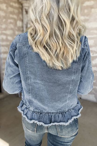 Beau Blue Ruffle Raw Hem Flap Pockets Denim Jacket - Love Salve 